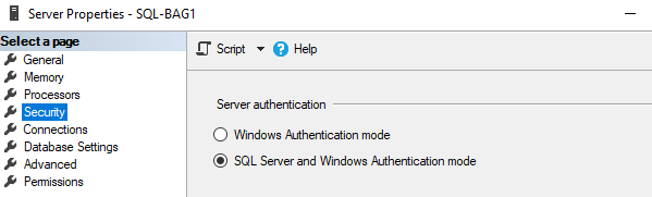 SQL Server authentication setting. 